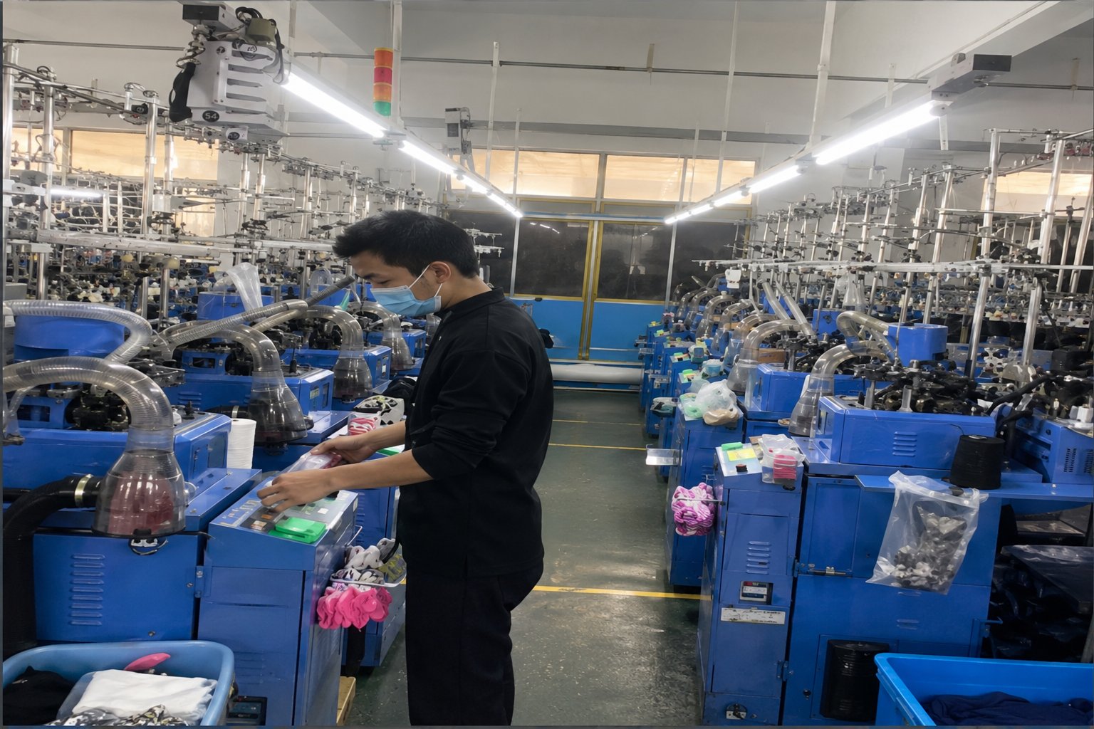 Skilled ANV Socks worker tending circular knitting machines along the production aisle — blue Italian Lonati machines on both sides, masked operator inspecting output