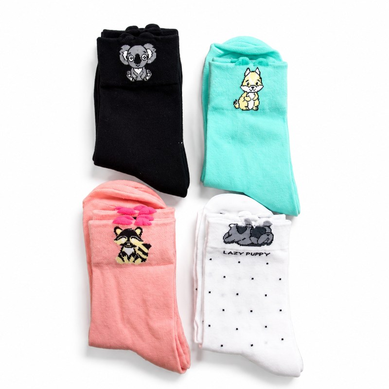 Animal Character Holiday Pack by ANV Socks — Cotton blend. Children's novelty crew socks with character motifs adaptable to seasonal themes. Volume retail multi-pack format.