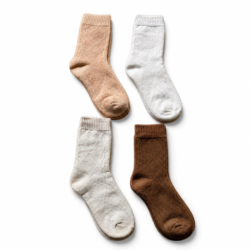 Diamond Texture Casual Socks by ANV Socks — Polyester blend. Mid-calf socks with woven diamond texture in neutral earth tones — beige, cream, and brown. Soft hand-feel, suitable for everyday casual wear and supermarket distribution.