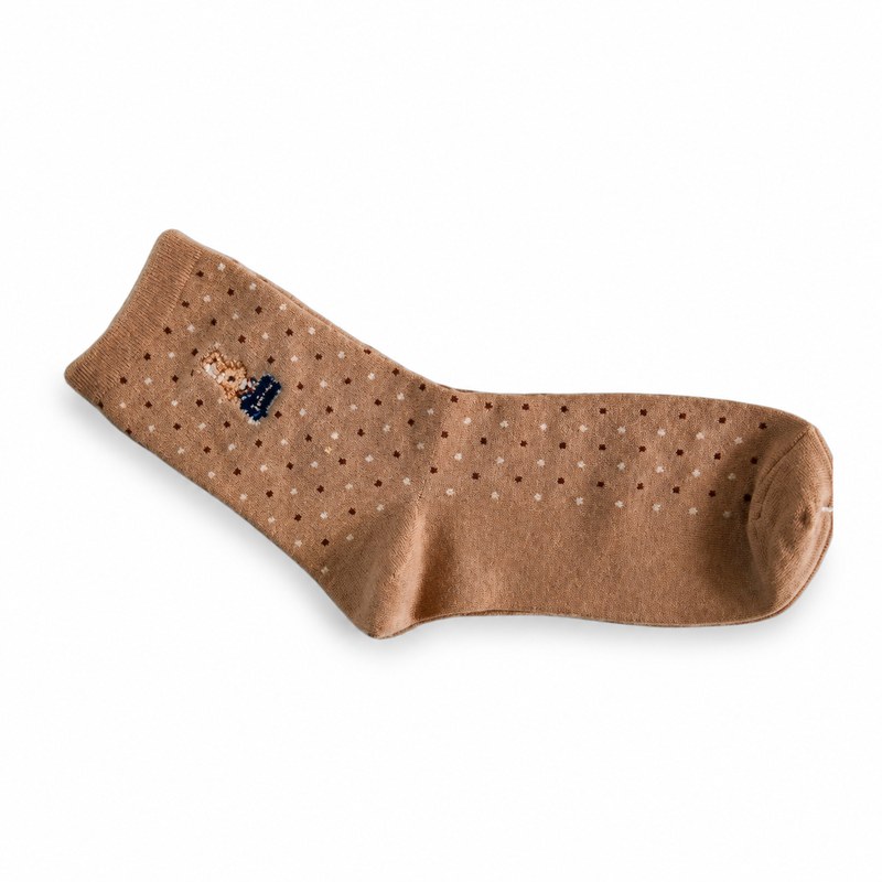 Polka Dot Casual Socks by ANV Socks — 80% cotton, 17% polyester, 3% spandex. Classic polka-dot women's crew sock in warm beige. Combed cotton body with spandex for shape retention. Suitable for everyday wear, dollar stores, and supermarket channels.