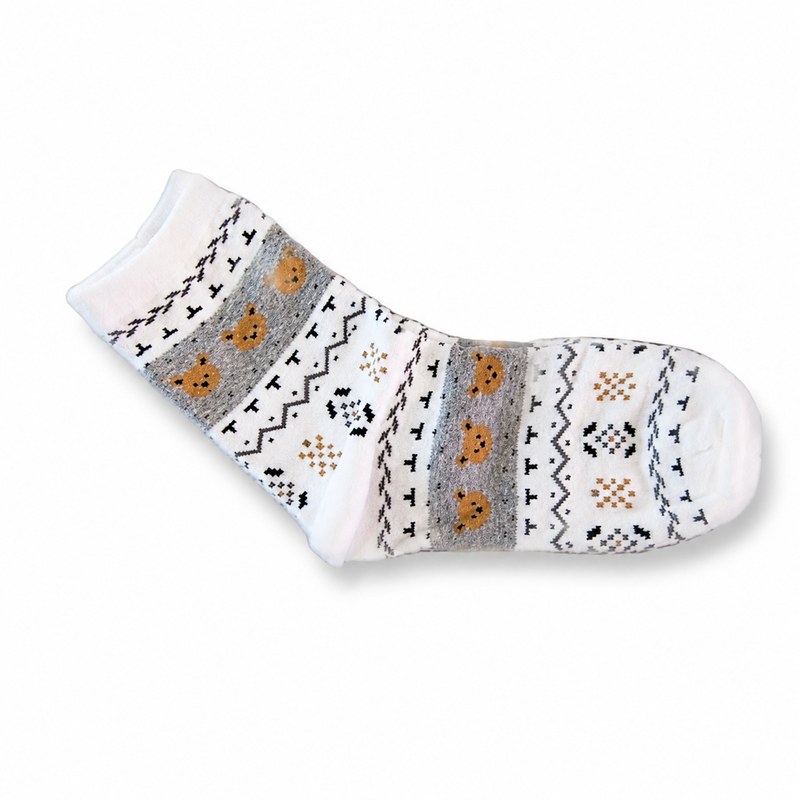 Bear Pattern Socks by ANV Socks — 80% cotton, 17% polyester, 3% spandex. Playful bear-themed crew sock with woven geometric border pattern. White body with grey and tan accents. Soft combed cotton suitable for casual and gift retail.