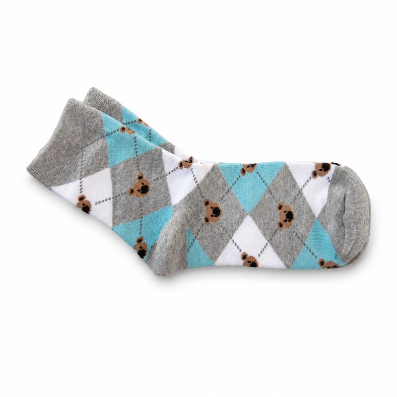 Argyle Bear Ankle Socks by ANV Socks — 80% cotton, 17% polyester, 3% spandex. Argyle-check ankle sock with woven bear face motifs in mint, grey, and white. Combed cotton body with reinforced heel. Suitable for women's fashion and novelty retail.