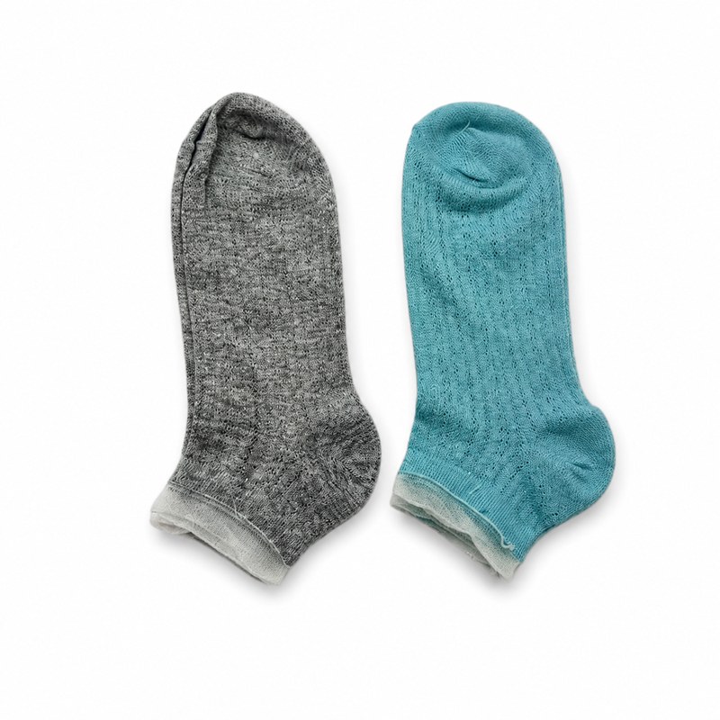 Thin Mesh Ankle Socks by ANV Socks — 10% cotton, 85% polyester, 5% spandex. Sheer mesh-knit ankle socks in grey heather and light blue. Semi-transparent for warm weather. Suitable for women's fashion and seasonal retail programs.