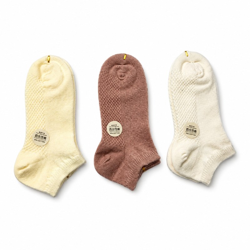 Cotton Mesh Ankle Socks by ANV Socks — 70% cotton, 25% nylon, 5% spandex. Ventilated cotton-dominant ankle socks in cream, dusty rose, and white with mesh upper panels. Comfortable breathable construction for daily wear and retail multi-packs.