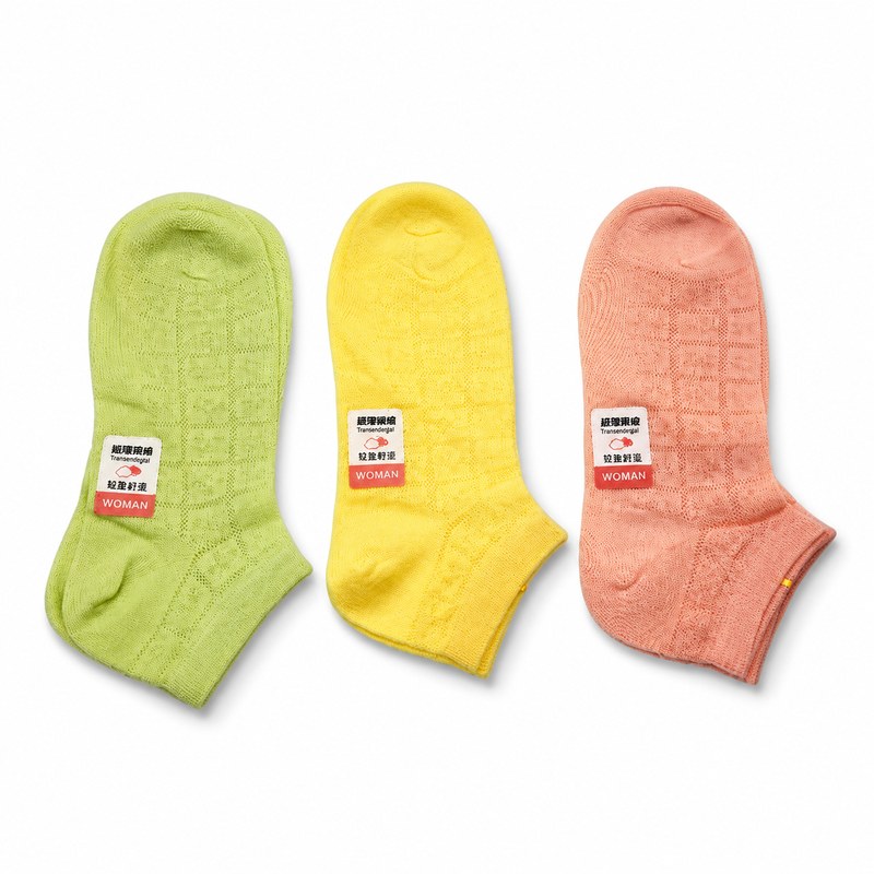 Ultra-Thin Women Socks by ANV Socks — 80% cotton, 18% nylon, 2% spandex. Ultra-thin, lightweight women's ankle socks in green, yellow, and pink. Designed for a barely-there feel in warm seasons. Cotton-dominant construction for softness and comfort.