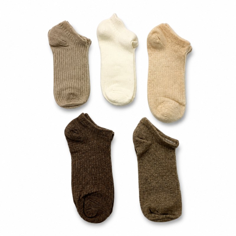 Neutral Tone Ankle Socks by ANV Socks — 70% cotton, 25% nylon, 5% spandex. Men's ribbed ankle socks in 5 neutral earth tones — tan, cream, beige, brown, and mocha. Cotton-nylon blend for breathability and durability. Ideal for supermarket multi-packs and dollar store channels.