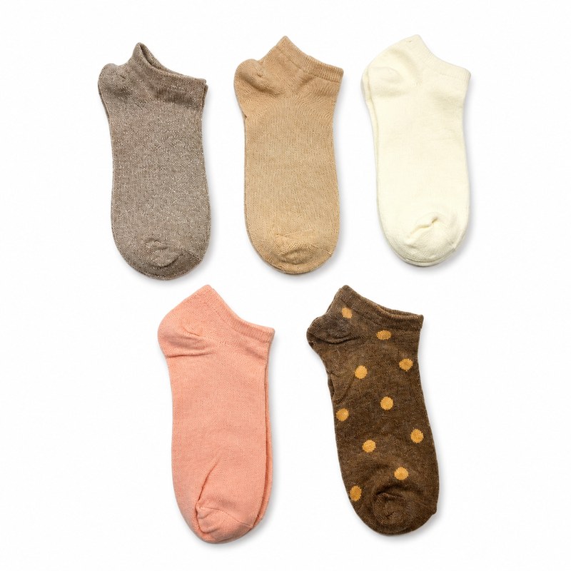 Metallic Polka Dot Socks by ANV Socks — 70% cotton, 23% nylon, 5% spandex, 2% metallic wire. Ankle socks with metallic thread accent and polka-dot pattern in 5 colorways — grey, beige, cream, pink, and brown. The metallic wire adds subtle shimmer. Ideal for fashion-conscious retail channels.